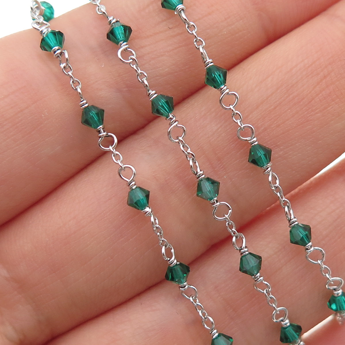 925 Sterling Silver Vintage Green Glass Beaded Chain Necklace 15-16"