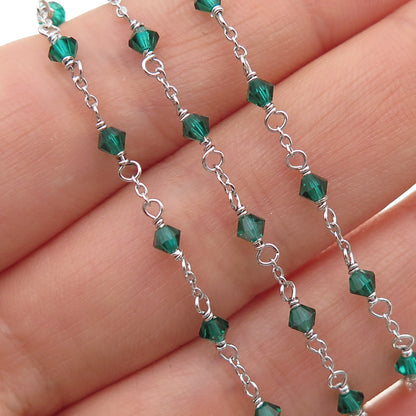 925 Sterling Silver Vintage Green Glass Beaded Chain Necklace 15-16"