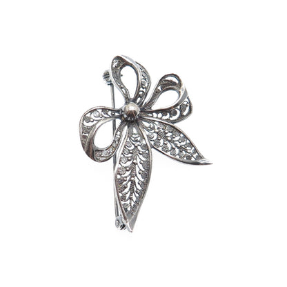 935 Silver Vintage Filigree Ribbon Bow Oxidized Pin Brooch