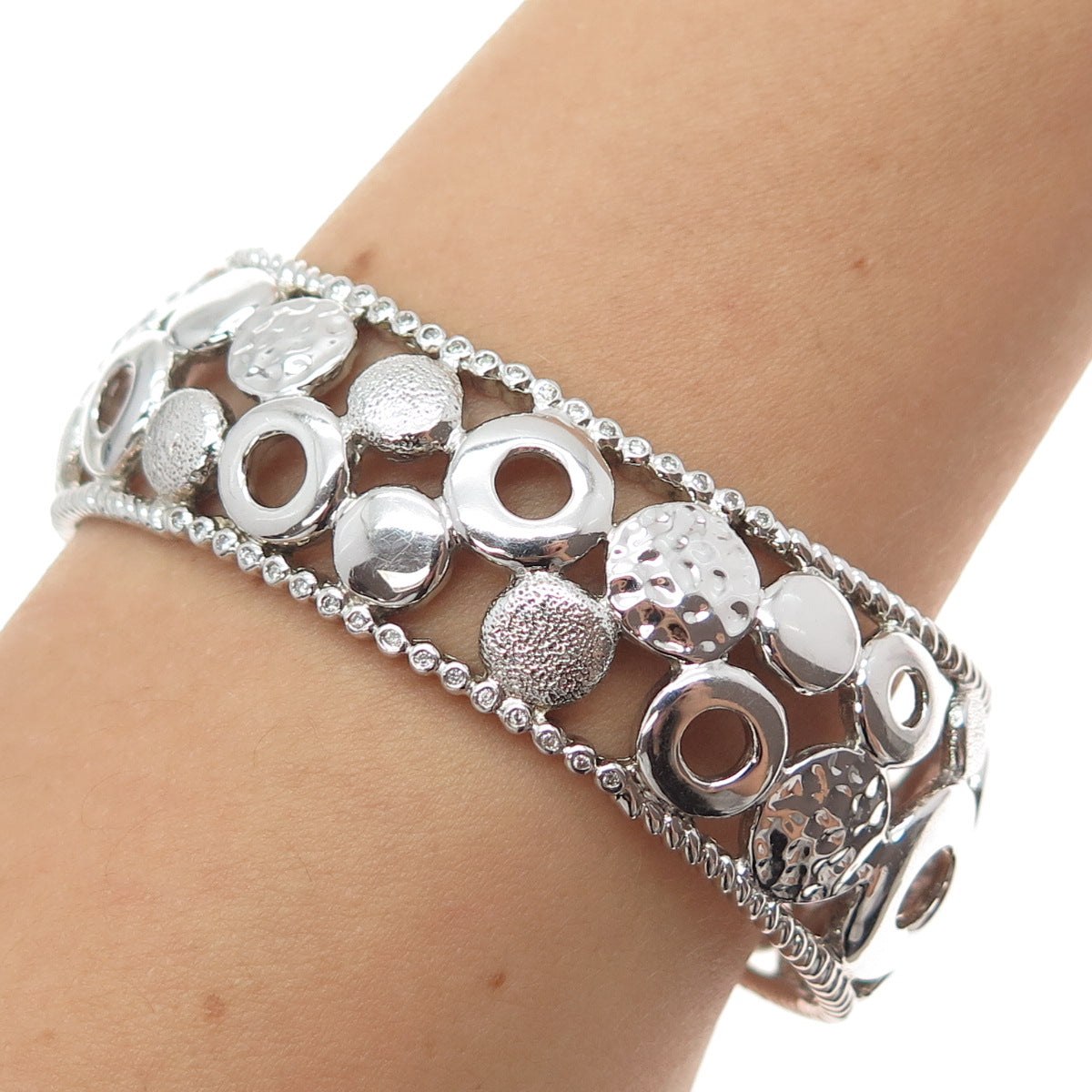 925 Sterling Silver Vintage Modernist Disc Adjustable Cuff Bracelet 7.5"