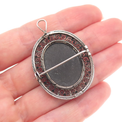 800 Silver Antique Art Deco Real Multi-Color Gem & MOP Floral Pin Brooch Pendant