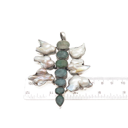 925 Sterling Vintage Real Baroque Pearl & Emerald Modernist Large 55.8g Pendant