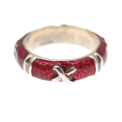 925 Sterling Silver 2-Tone Vintage Red Enamel X Band Ring Size 7.25