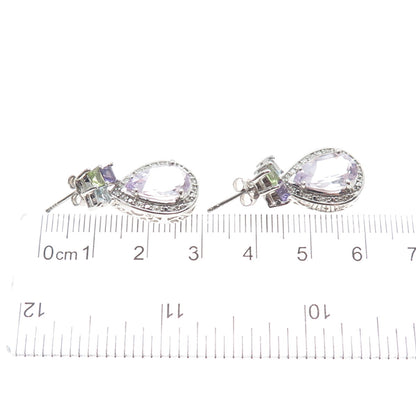 925 Sterling Silver Real Diamond Accent Blue Topaz Peridot & Amethyst Earrings