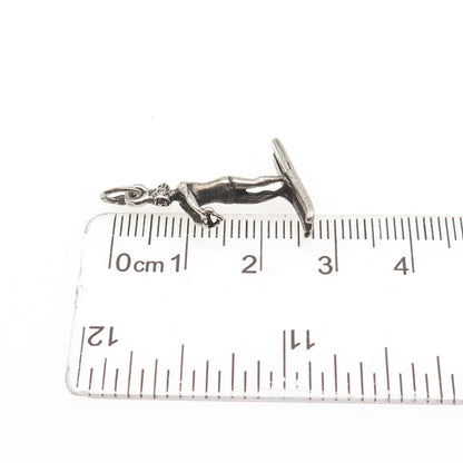 BEAU 925 Sterling Silver Vintage Female Water Skier Oxidized 3D Charm Pendant
