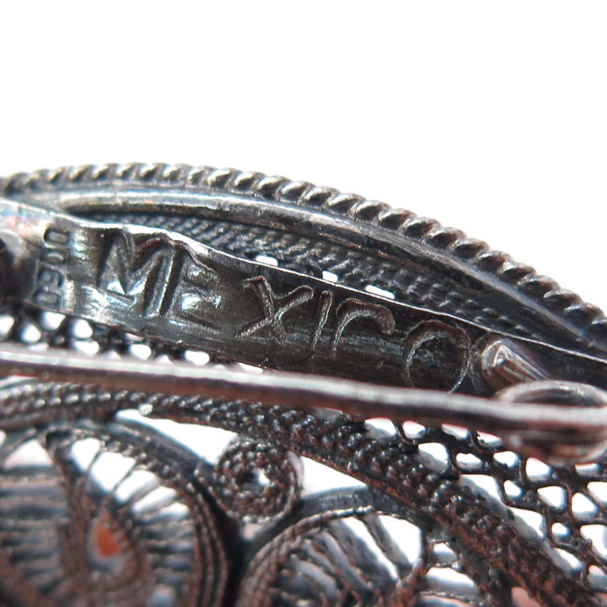 900 Silver Vintage Mexico Sombrero Hat Filigree Oxidized Pin Brooch