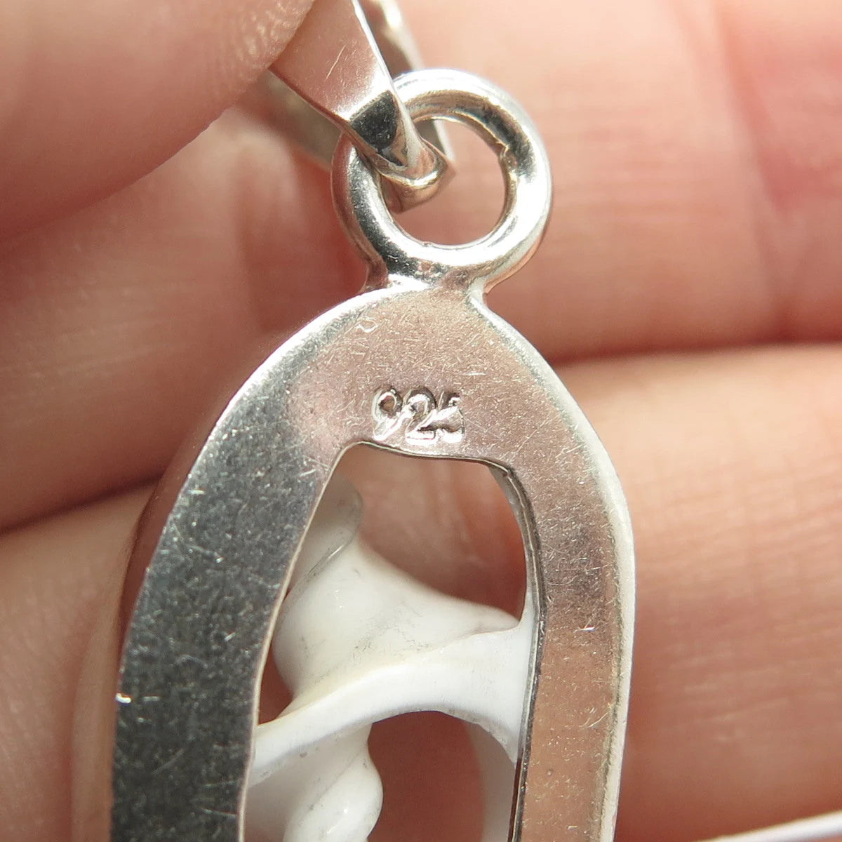 925 Sterling Silver Vintage White Ceramic Amulet Pendant
