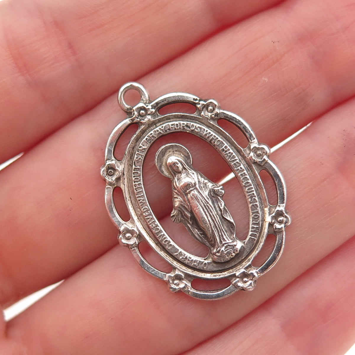 925 Sterling Silver Antique Art Deco St. Mary Miraculous Oxidized Charm Pendant