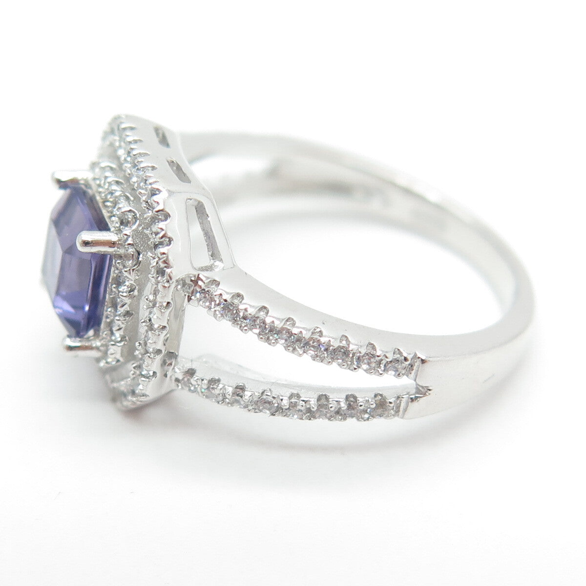 925 Sterling Silver Real Amethyst Gemstone & C Z Ring Size 7