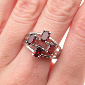 925 Sterling Silver Vintage Real Oval-Cut Red Garnet 3-Row Ring Size 7.5