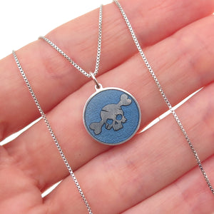 925 Sterling Silver Blue Enamel Skull & Bone Box Chain Necklace 18"