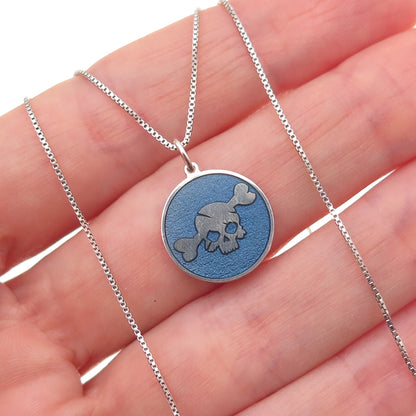 925 Sterling Silver Blue Enamel Skull & Bone Box Chain Necklace 18"