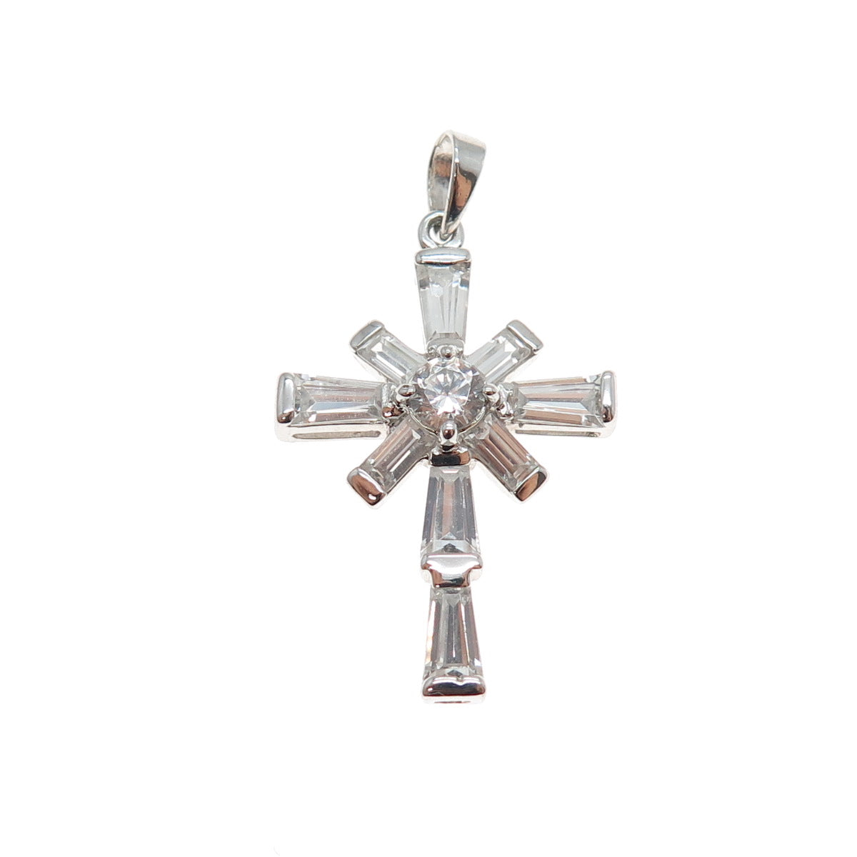 GSJ Gold Stone Sterling Silver Tapered Baguette & Round-Cut C Z Cross Pendant