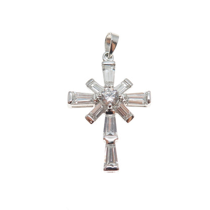 GSJ Gold Stone Sterling Silver Tapered Baguette & Round-Cut C Z Cross Pendant