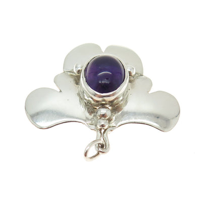 925 Sterling Silver Vintage Real Amethyst Gemstone Modernist Pendant
