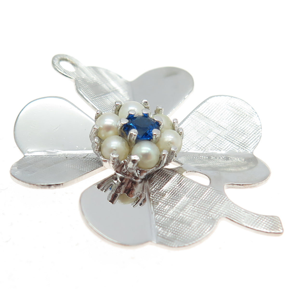 CROWN SILVER Sterling Vintage Real Pearl & Lab-Created Sapphire Clover Pendant