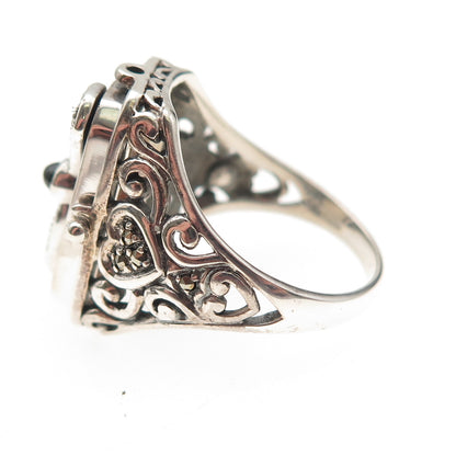 925 Sterling Silver Vintage Sapphire Onyx MOP Lady Cameo Reversible Ring Size 9