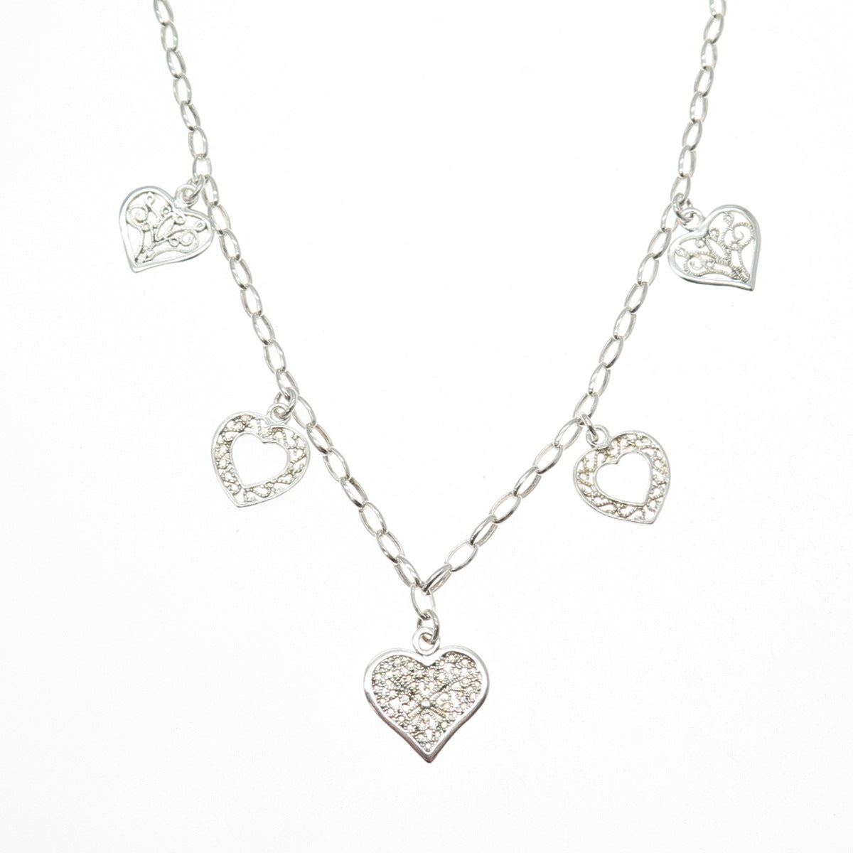 925 Sterling Silver Vintage Italy Heart Filigree Oval Chain Necklace 16"