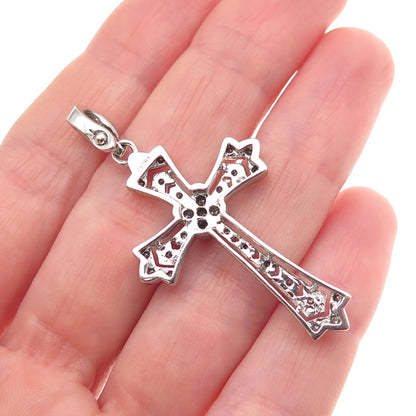925 Sterling Silver Real Round-Cut Diamond Cross Pendant