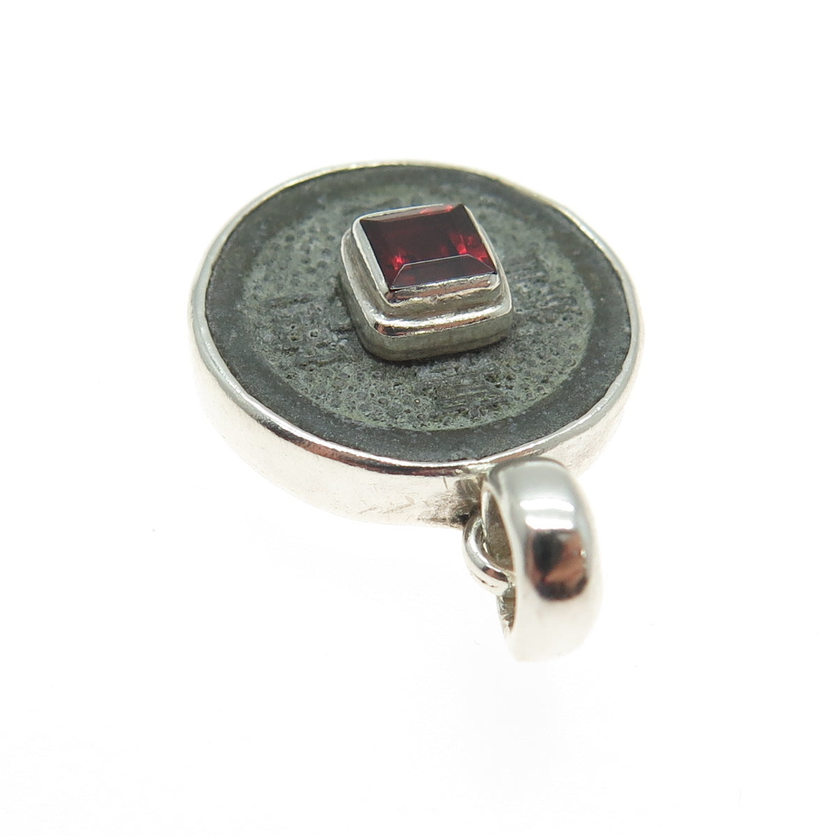 SAJEN 925 Sterling Silver Vintage Red Garnet Gemstone Chinese Coin Pendant