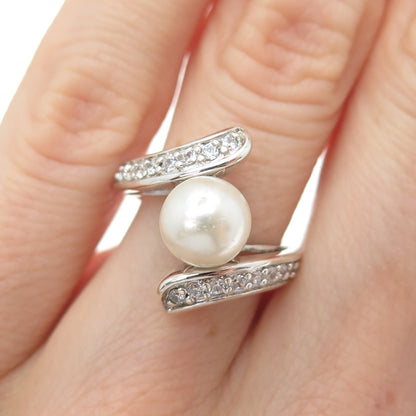 NEVADA 925 Sterling Silver Faux Pearl & C Z Bypass Ring Size 5.25
