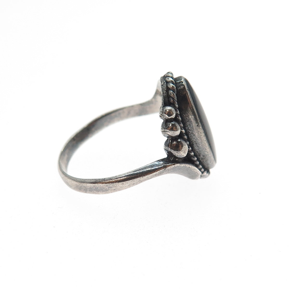 925 Sterling Silver Vintage Real Black Onyx Beaded Oxidized Ring Size 6