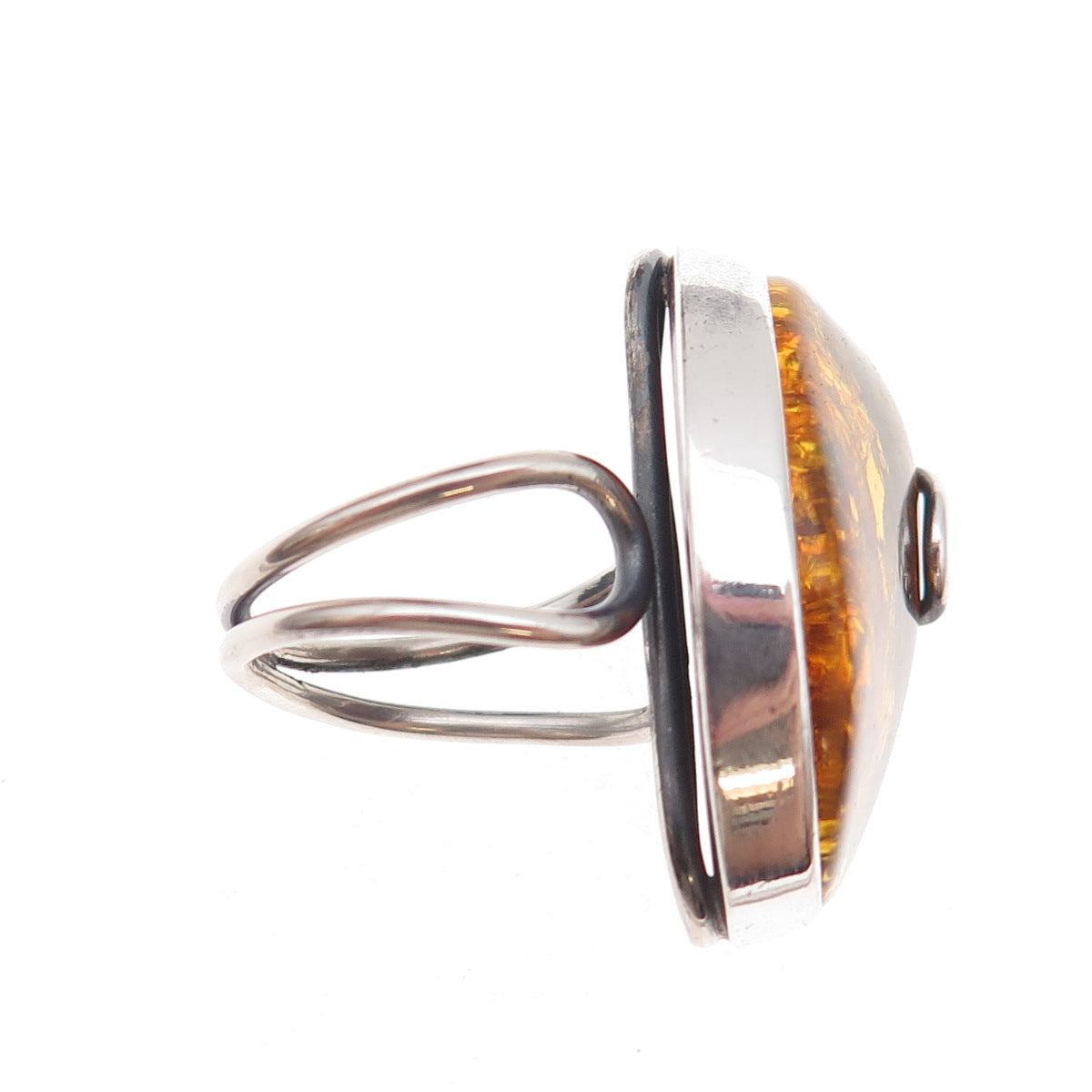 925 Sterling Silver Vintage Real Amber Modernist Oxidized Ring Size 8.25