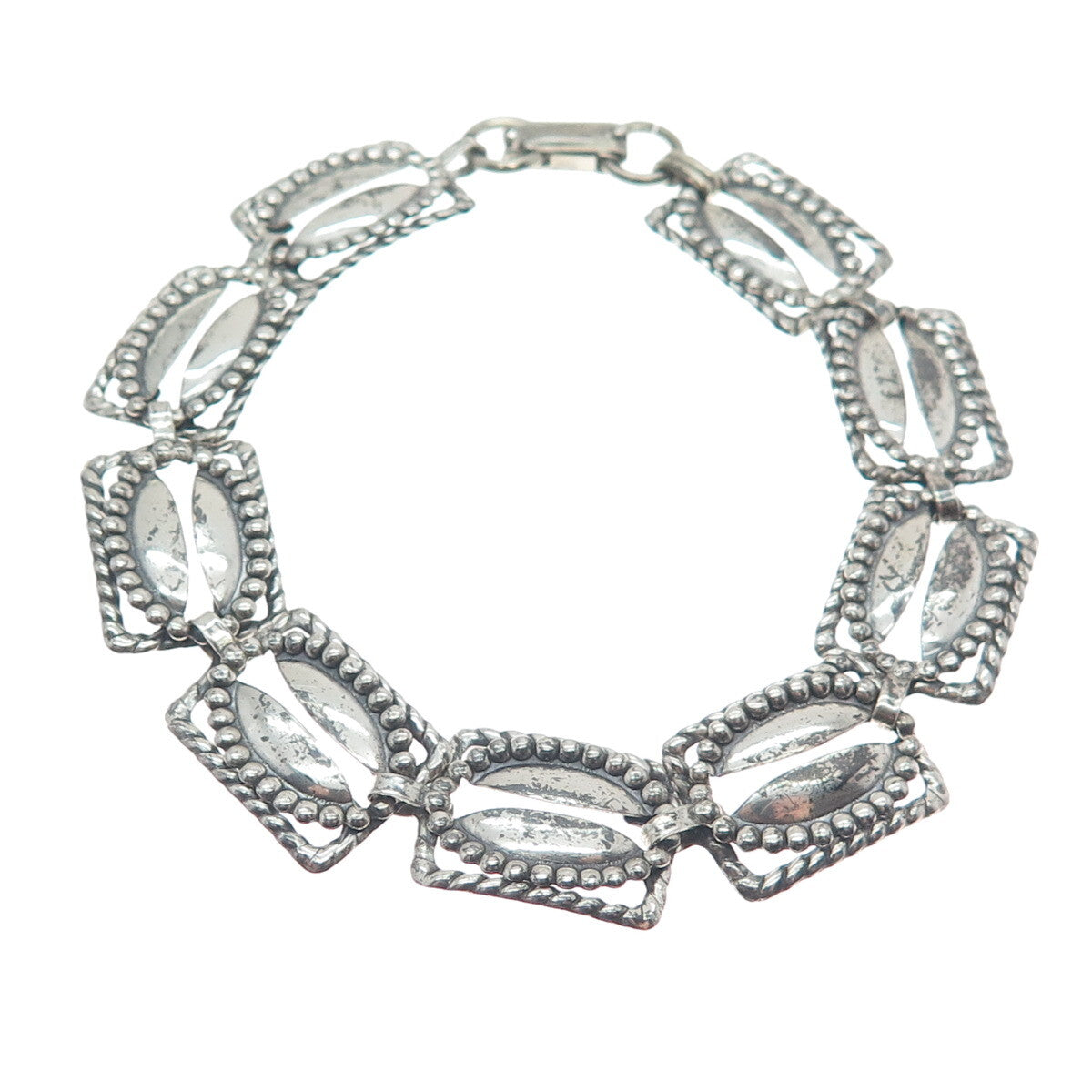 BEAU 925 Sterling Silver Antique Art Deco Coffee Bean Panel Link Bracelet 7.25"