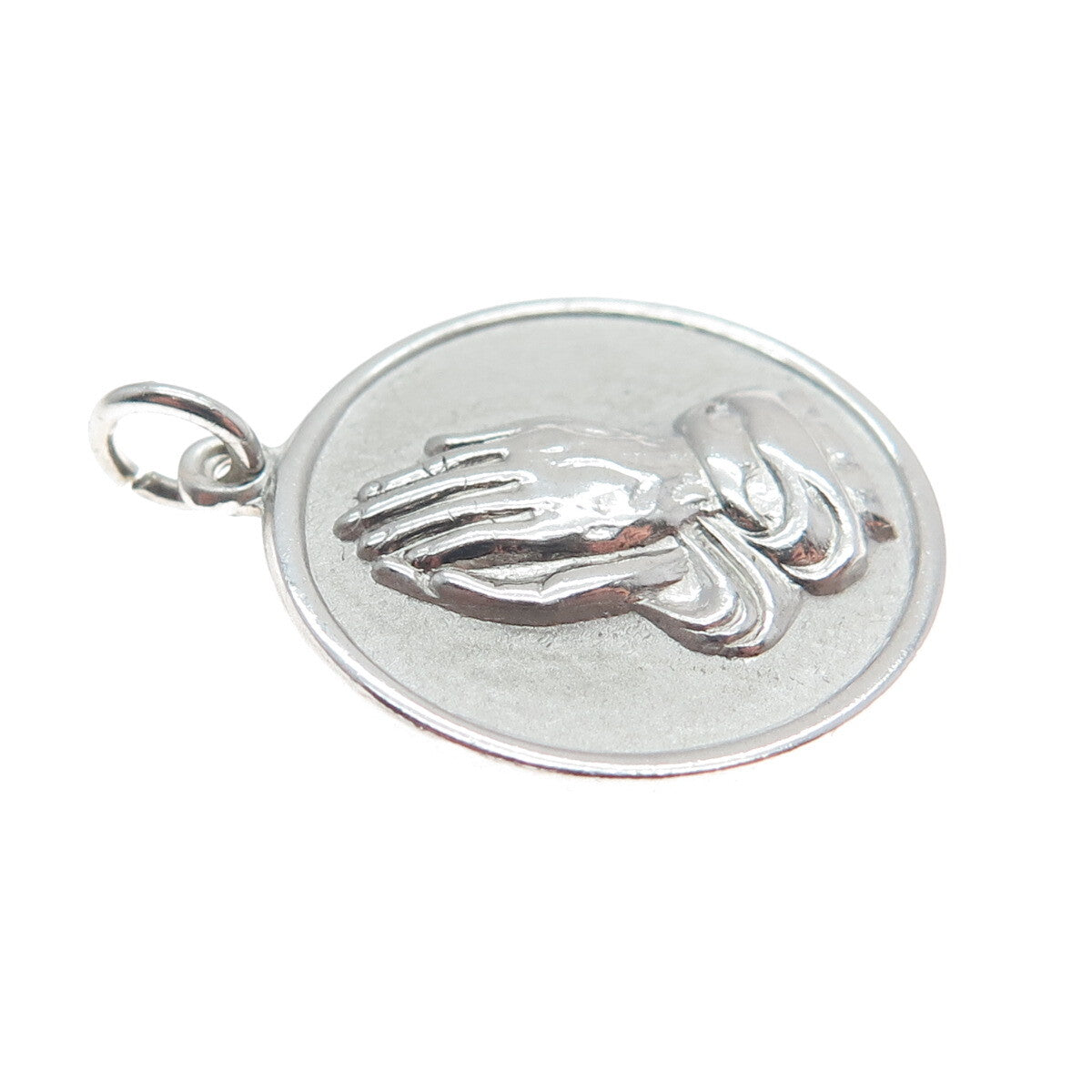 925 Sterling Silver Vintage Hands In Prayer Religious Round Pendant