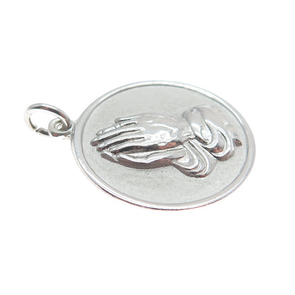 925 Sterling Silver Vintage Hands In Prayer Religious Round Pendant