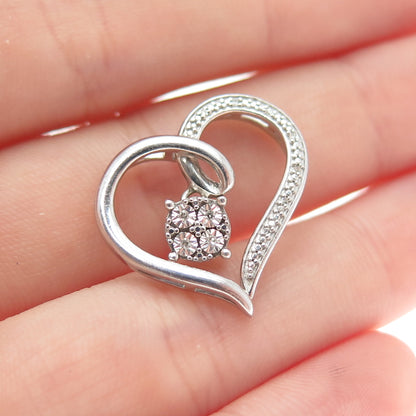 925 Sterling Silver Real Round-Cut Diamond Heart Slide Charm Pendant