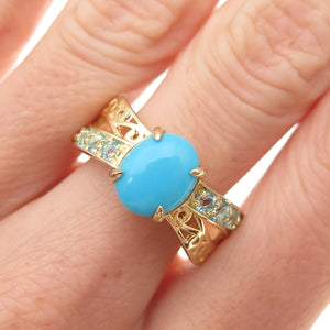 925 Sterling Gold Plated Sleeping Beauty Turquoise & Blue Topaz Ring Size 8.25