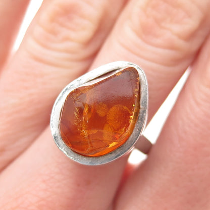 925 Sterling Silver Vintage Real Amber Modernist Ring Size 8