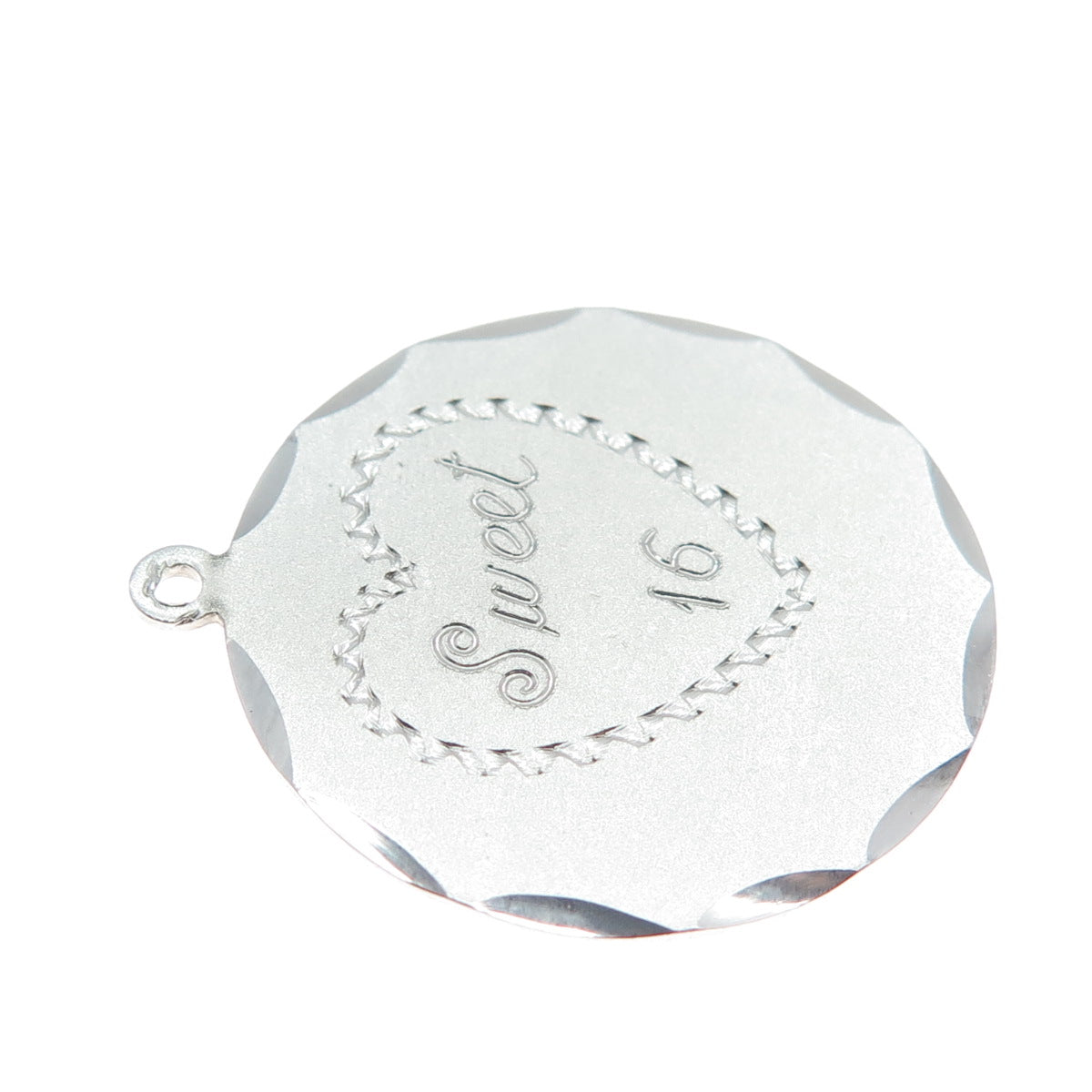 925 Sterling Silver Vintage Engraved Sweet 16 Round Tag Charm Pendant