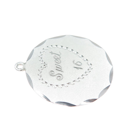 925 Sterling Silver Vintage Engraved Sweet 16 Round Tag Charm Pendant