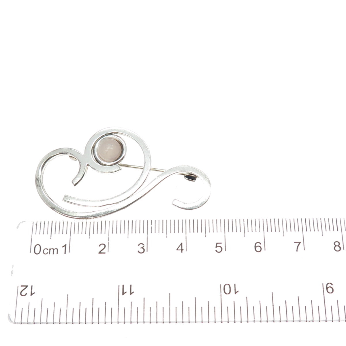 925 Sterling Silver Vintage Real Rose Quartz Modernist Swirl Pin Brooch