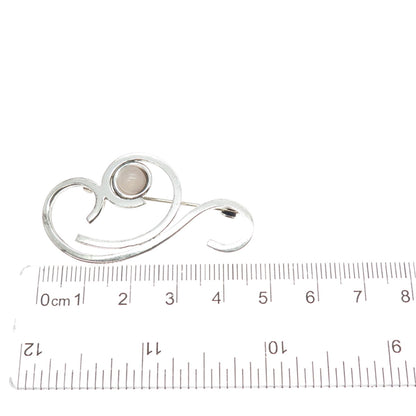 925 Sterling Silver Vintage Real Rose Quartz Modernist Swirl Pin Brooch