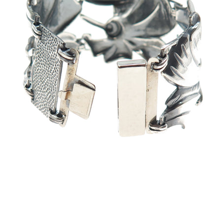 925 Sterling Silver Antique Art Deco Floral Panel Link Oxidized Bracelet 6.5"