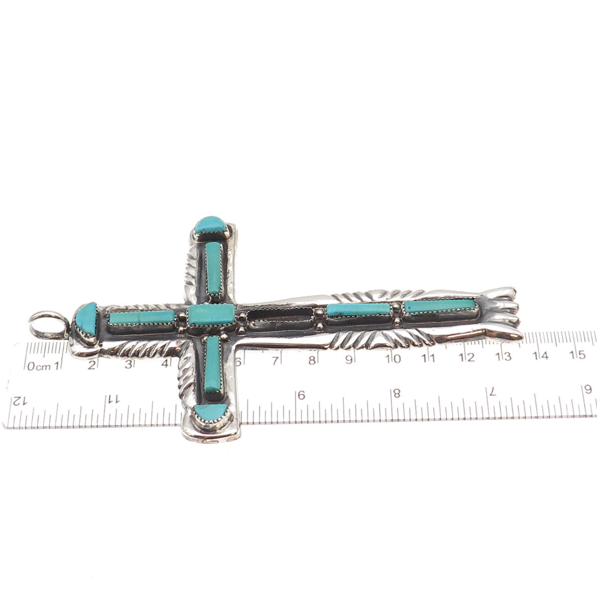 Lupe Iule Zuni Old Pawn Sterling Turquoise Cross 80.2g Pendant (missing stone)