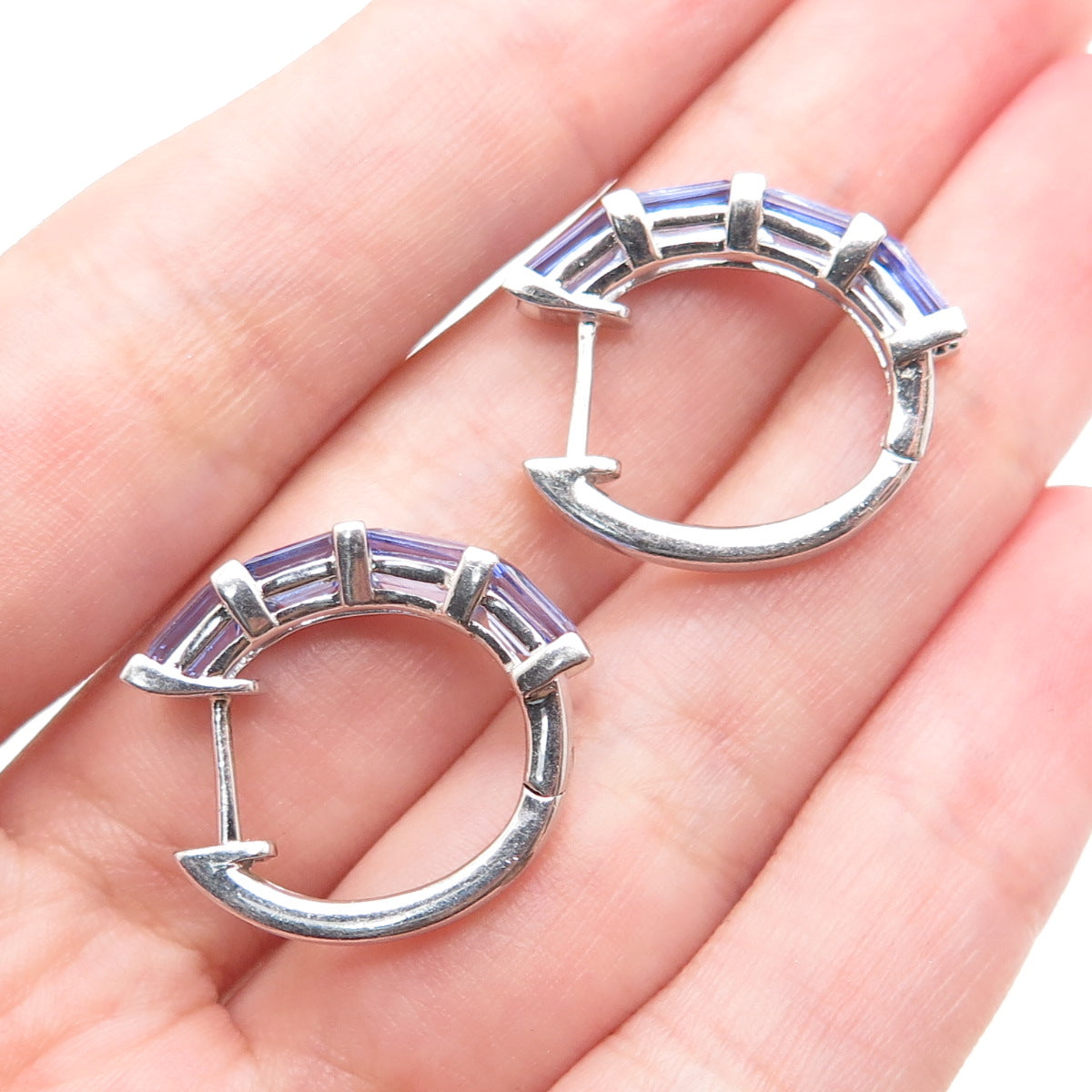 925 Sterling Silver Real Emerald-Cut Tanzanite Hoop Earrings