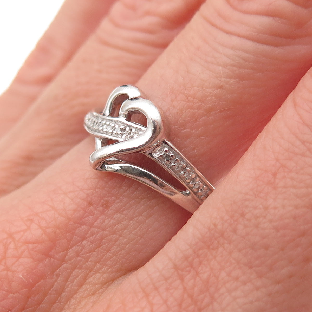 925 Sterling Silver Real Round-Cut Diamond Heart Ring Size 7