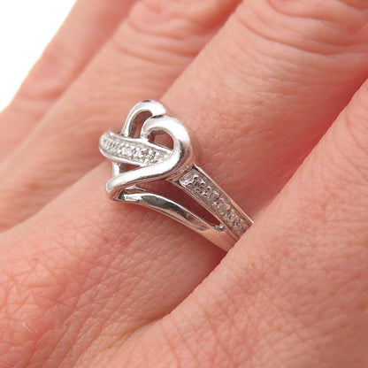 925 Sterling Silver Real Round-Cut Diamond Heart Ring Size 7