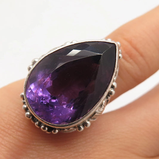925 Sterling Silver Vintage Lavender Roman Glass Floral Ring Size 5.25