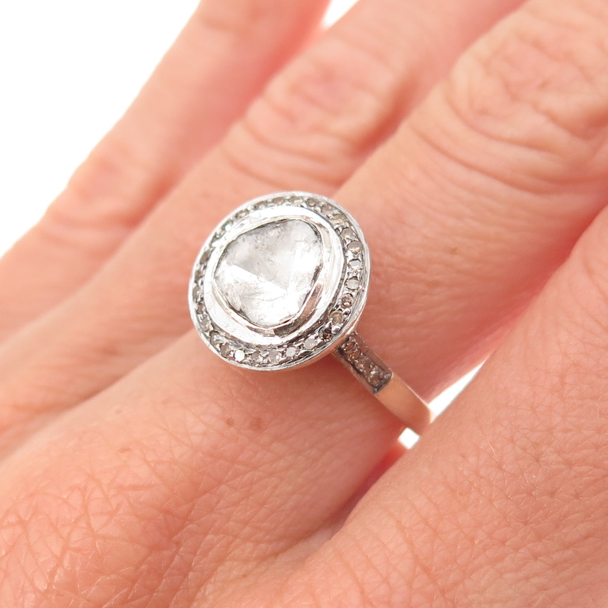 925 Sterling Silver Gold Plated Real Rose-Cut Diamond Ring Size 6.5