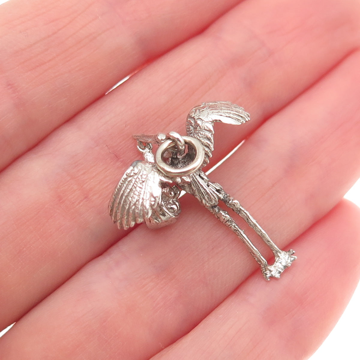 925 Sterling Silver Vintage Stork Delivering Baby 3D Mini Charm Pendant