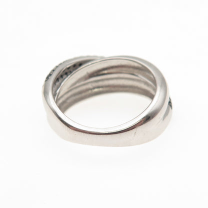 925 Sterling Silver Real Round-Cut Black Spinel Crossover Ring Size 6.25