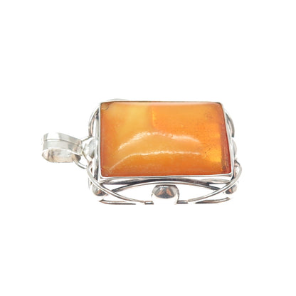835 Silver Vintage European Real Butterscotch Amber Modernist Charm Pendant