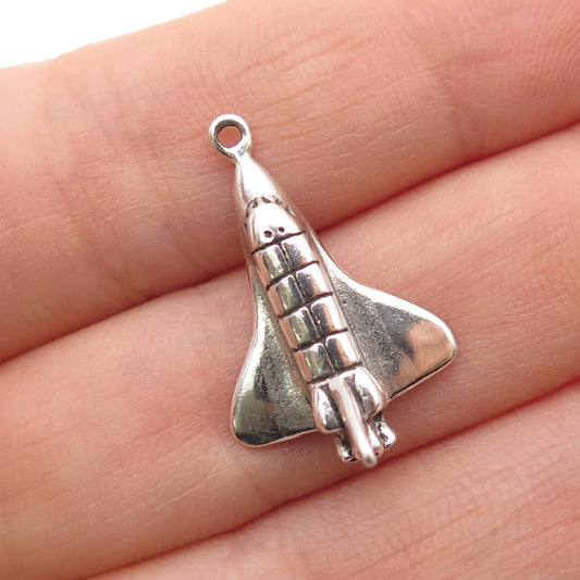 SHUBE 925 Sterling Silver Vintage Space Shuttle Oxidized Mini 3D Charm Pendant