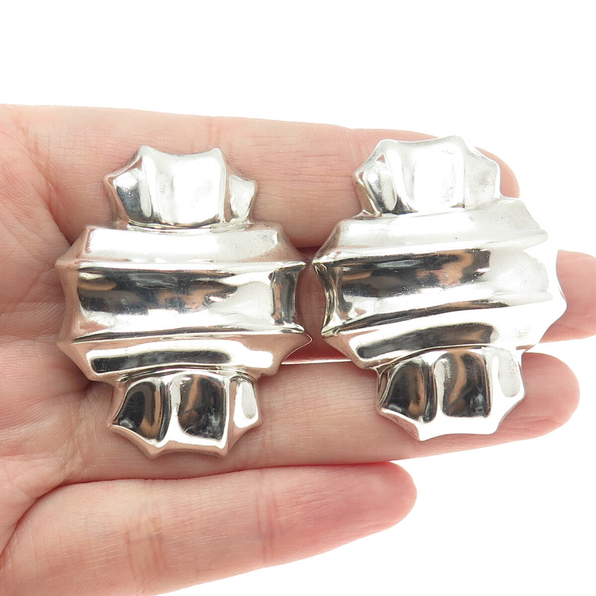 925 Sterling Silver Vintage Mexico Modernist Clip On Earrings