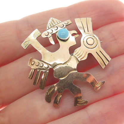 925 Sterling Silver & 18K Gold Vintage Real Turquoise Mayan Warrior Pin Pendant